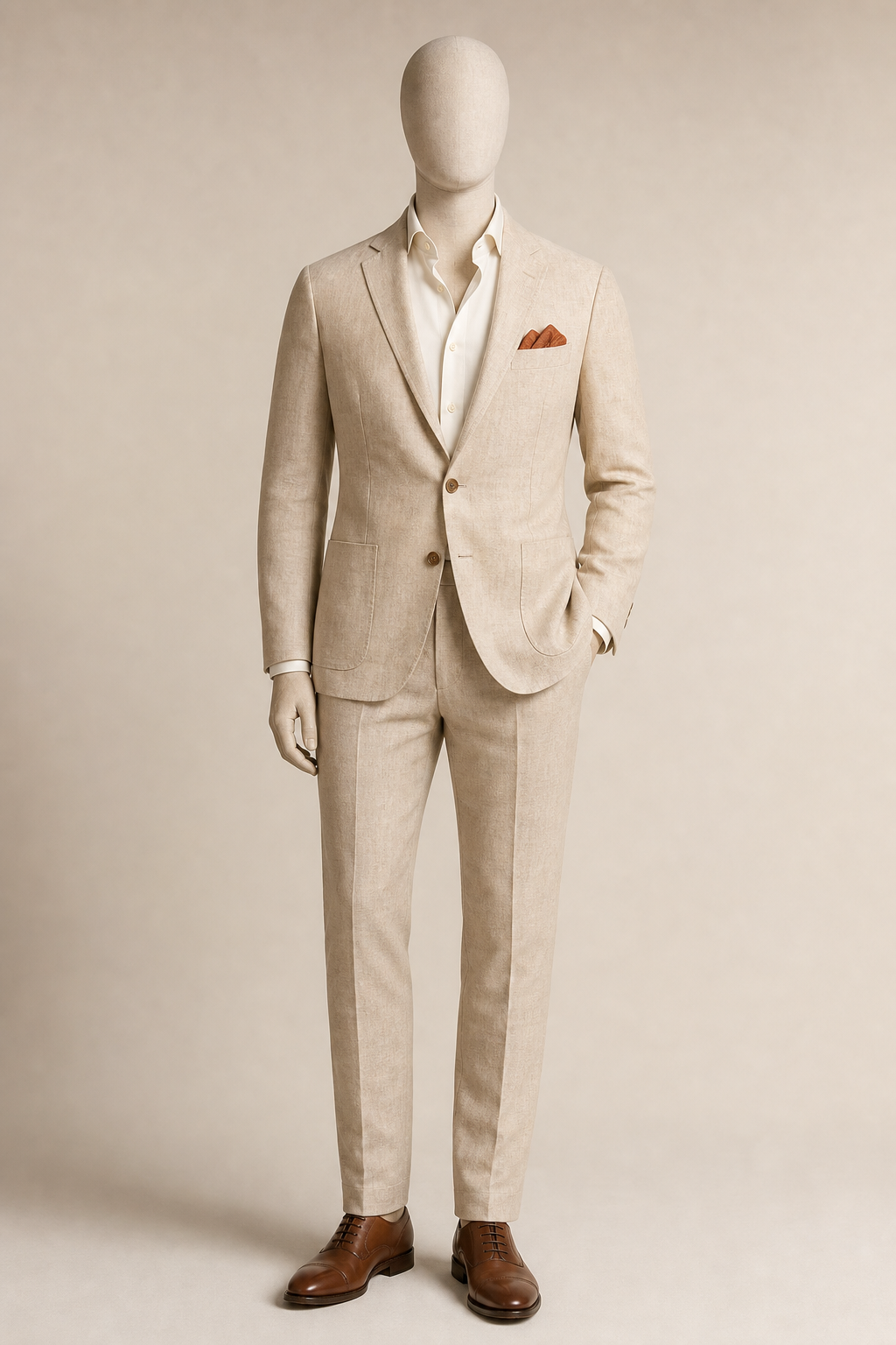 Mannequin en costume beige naturel avec pochette terracotta