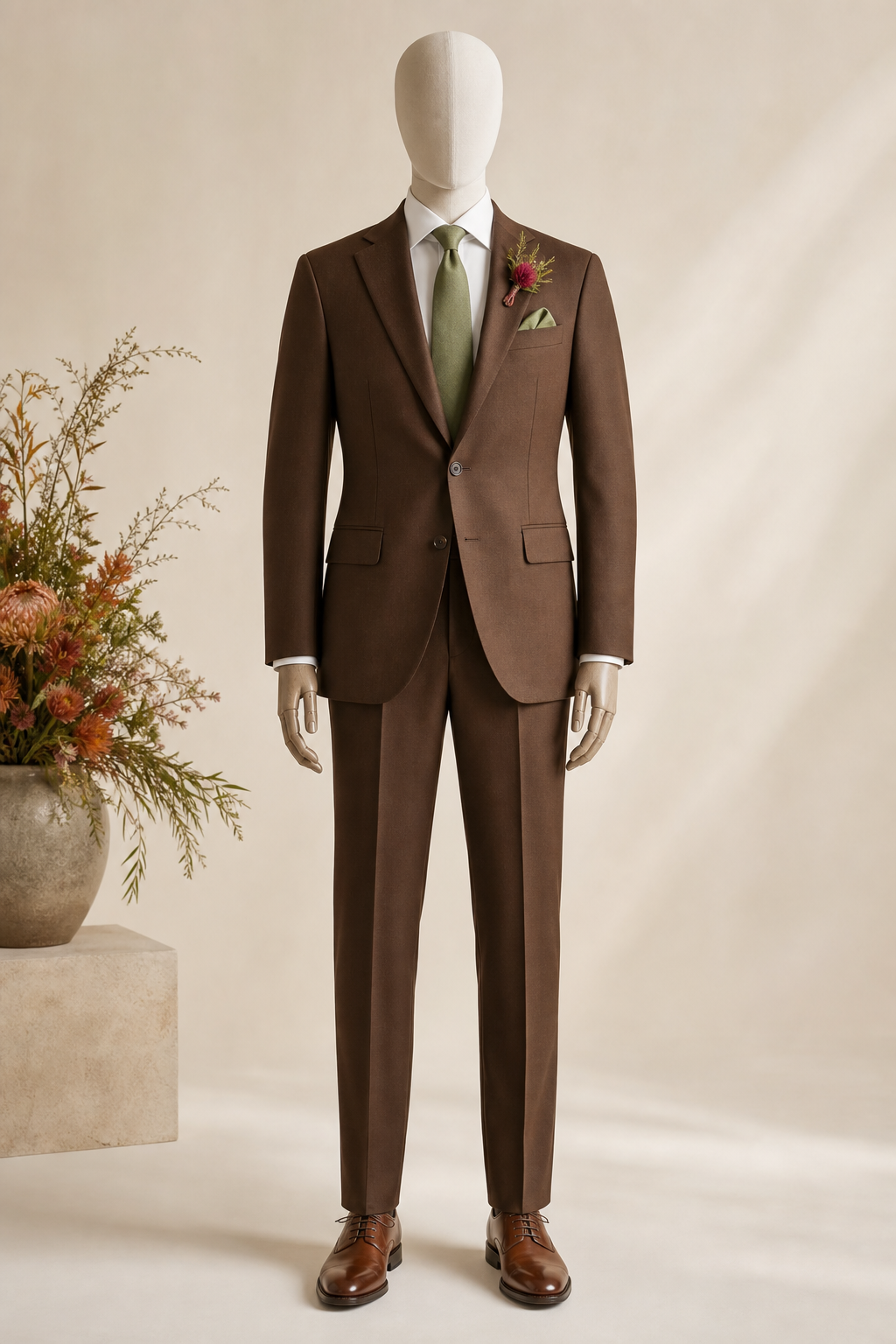 Mannequin en costume marron cacao avec cravate vert sauge