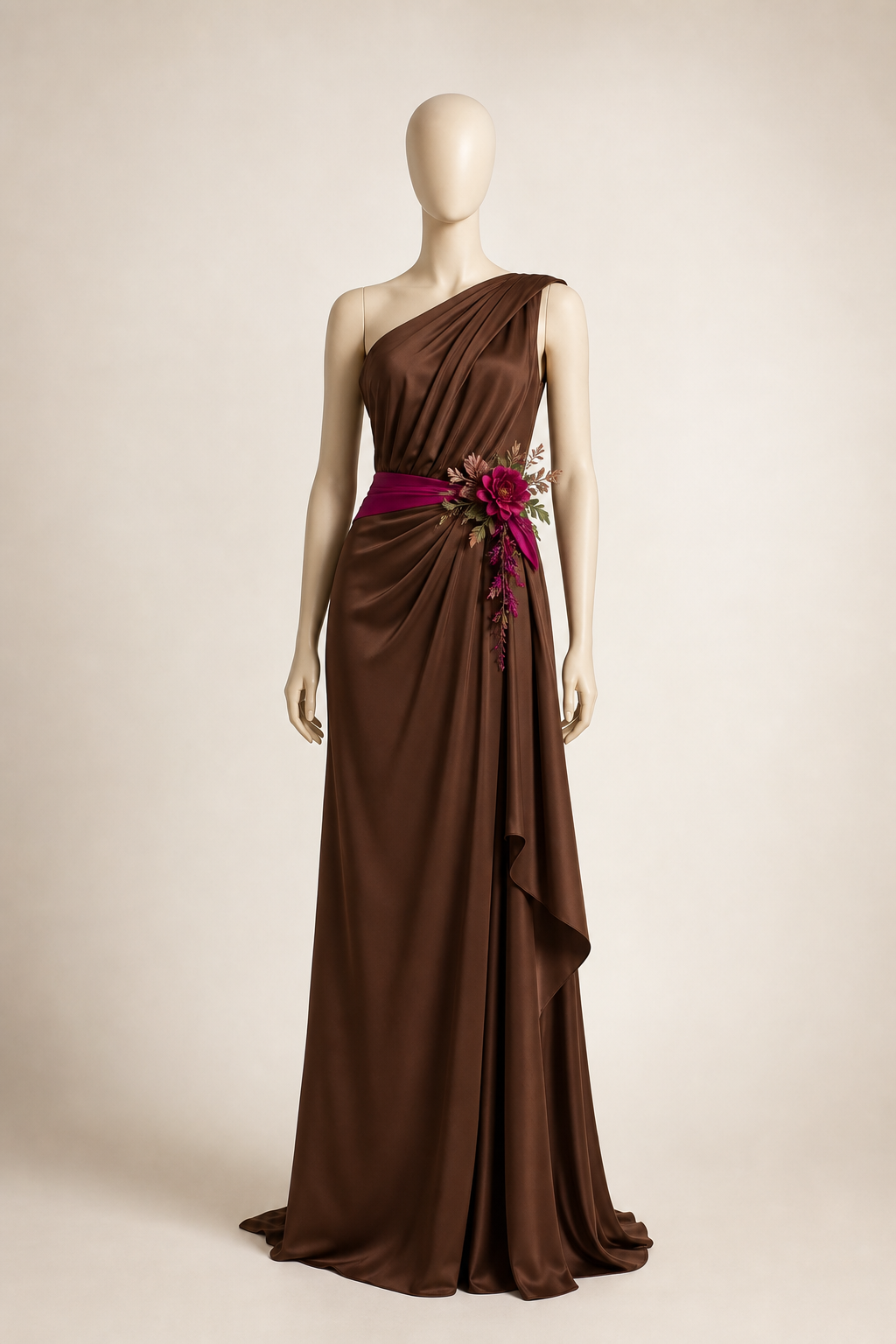 Mannequin en robe marron cacao avec touche fuchsia